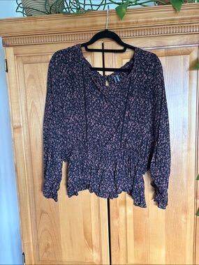 Anthropologie Black Blouse with Pink Floral Print